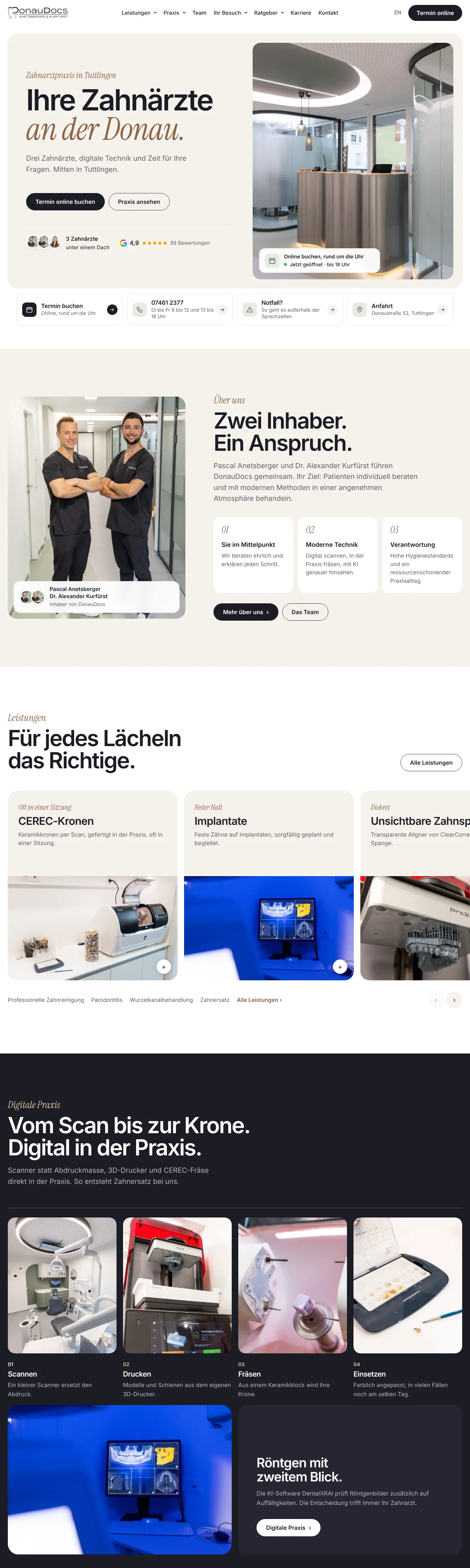 Startseite der Zahnarztpraxis DonauDocs in Tuttlingen, gebaut von AO Consulting