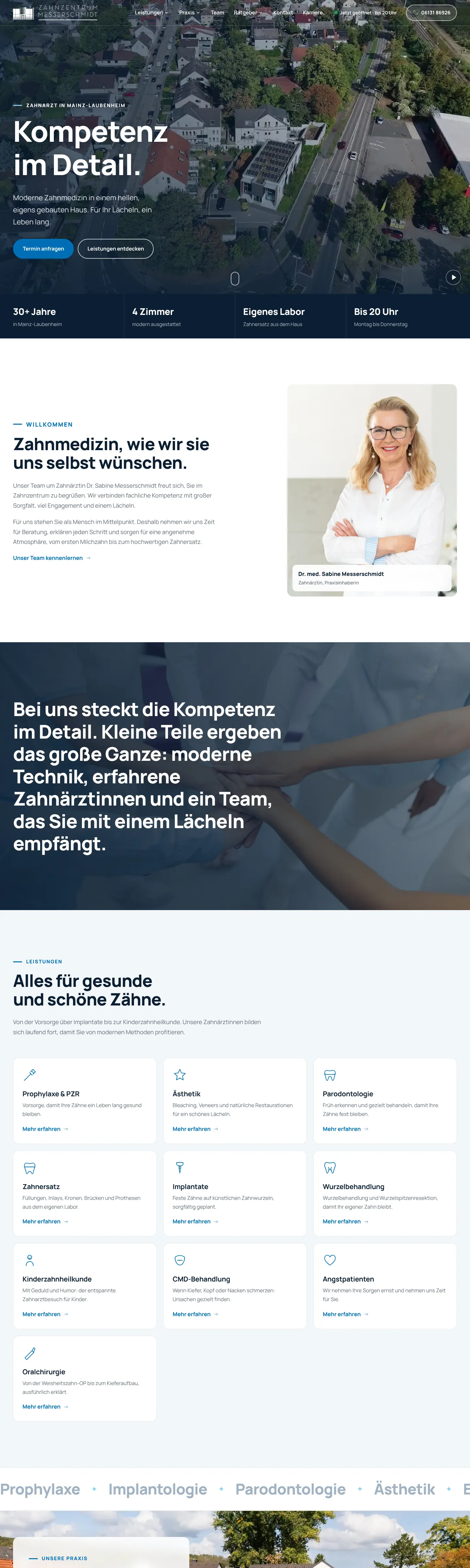 Startseite des Zahnzentrums Messerschmidt in Mainz-Laubenheim, gebaut von AO Consulting